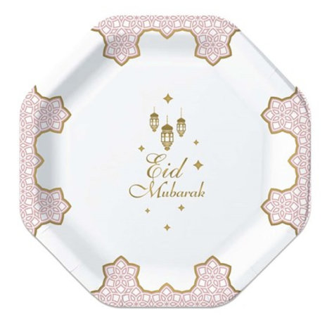 Zin El Afrah Eid Mubarak plates pink 18cm | 8 pieces