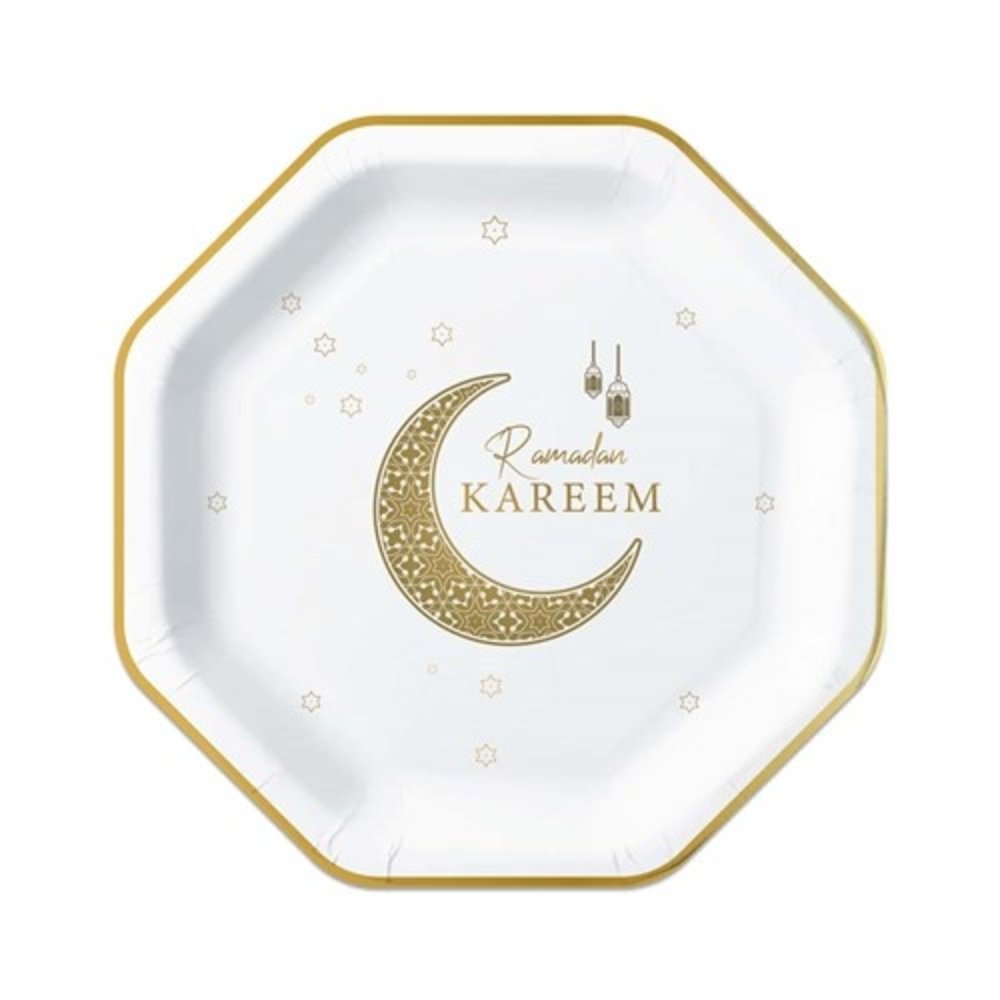 Zin El Afrah Ramadan Kareem Octagonal Plates White Gold 23 cm | 8 pieces