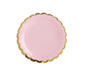 Partydeco Bord licht roze met gouden schulprand | 6 stuks