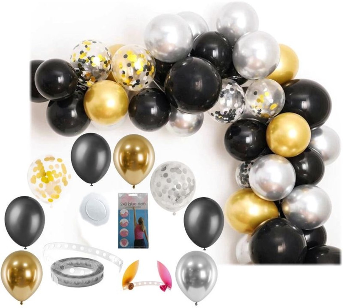 Tuf-Tuf Guirlande de ballons à faire soi-même, noir, or et argent | 55 pièces