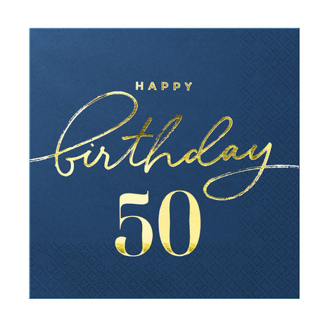 Tuf-Tuf Serviettes « Joyeux anniversaire » 50 ans, bleu marine/or, 33 x 33 cm | Lot de 10