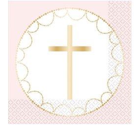 Amscan Communie Servetten Kruis Licht Roze 33x33cm | 16 stuks Amscan Communie Servetten Kruis Licht Roze 33x33cm | 16 stuks