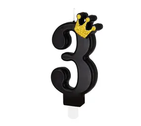 Tuf-Tuf Zwarte Kaars met Goud Kroontje 9cm | cijfer 3 Tuf-Tuf Zwarte Kaars met Goud Kroontje 9cm | cijfer 3