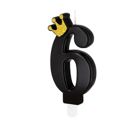 Tuf-Tuf Zwarte Kaars met Goud Kroontje 9cm | cijfer 6 Tuf-Tuf Zwarte Kaars met Goud Kroontje 9cm | cijfer 6