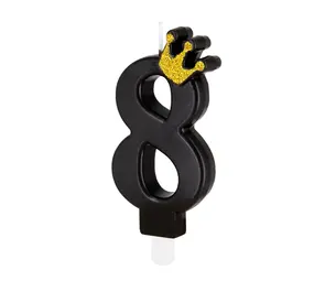 Tuf-Tuf Zwarte Kaars met Goud Kroontje 9cm | cijfer 8 Tuf-Tuf Zwarte Kaars met Goud Kroontje 9cm | cijfer 8