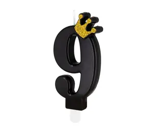 Tuf-Tuf Zwarte Kaars met Goud Kroontje 9cm | cijfer 9 Tuf-Tuf Zwarte Kaars met Goud Kroontje 9cm | cijfer 9
