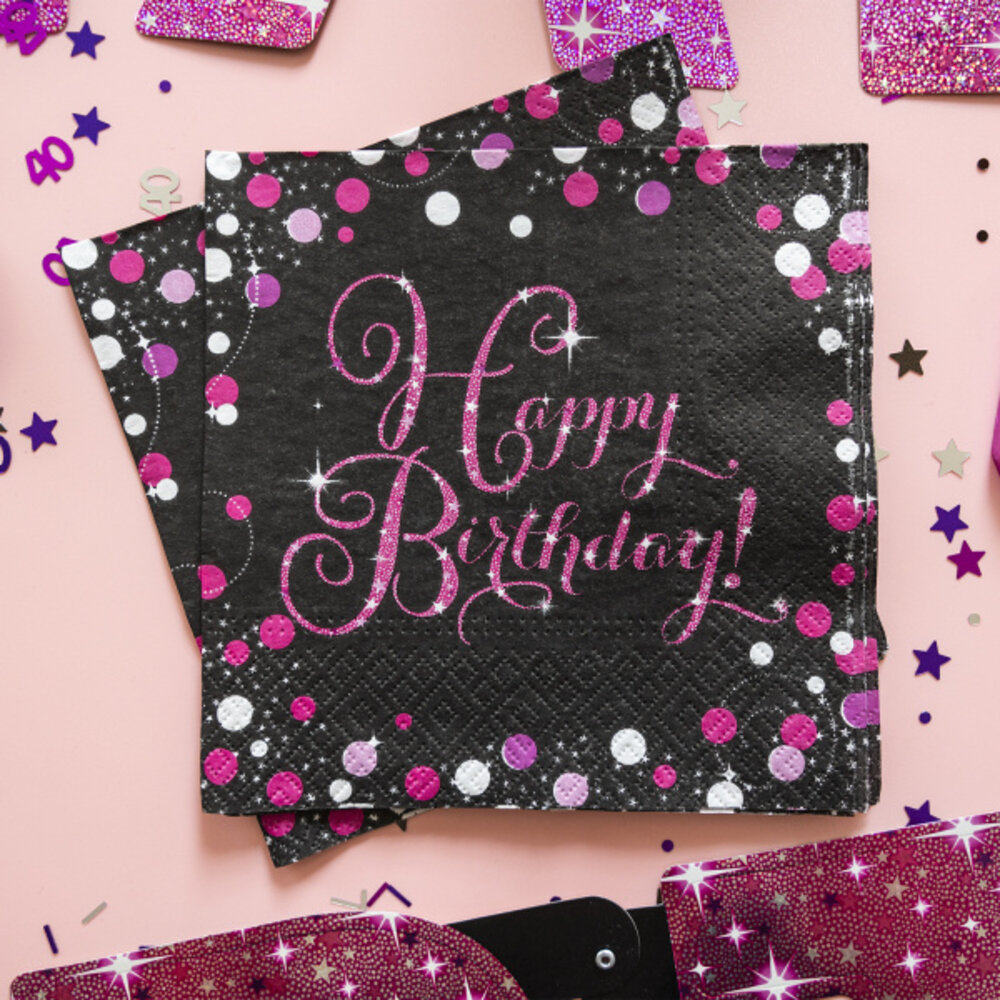 Amscan Happy Birthday Sparkling Pink Napkins 33x33cm | 16 pieces