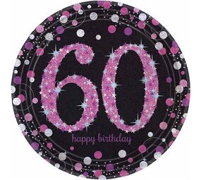 Amscan 60 Jahre Happy Birthday – Funkelnde rosa Teller, 23 cm | 8 Stück