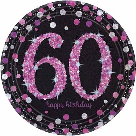 Amscan Borden 60 jaar Happy Birthday Sparkling Roze 23cm | 8 stuks Amscan Borden 60 jaar Happy Birthday Sparkling Roze 23cm | 8 stuks