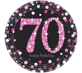 Amscan 70 Jahre Happy Birthday – Funkelnde rosa Teller, 23 cm | 8 Stück