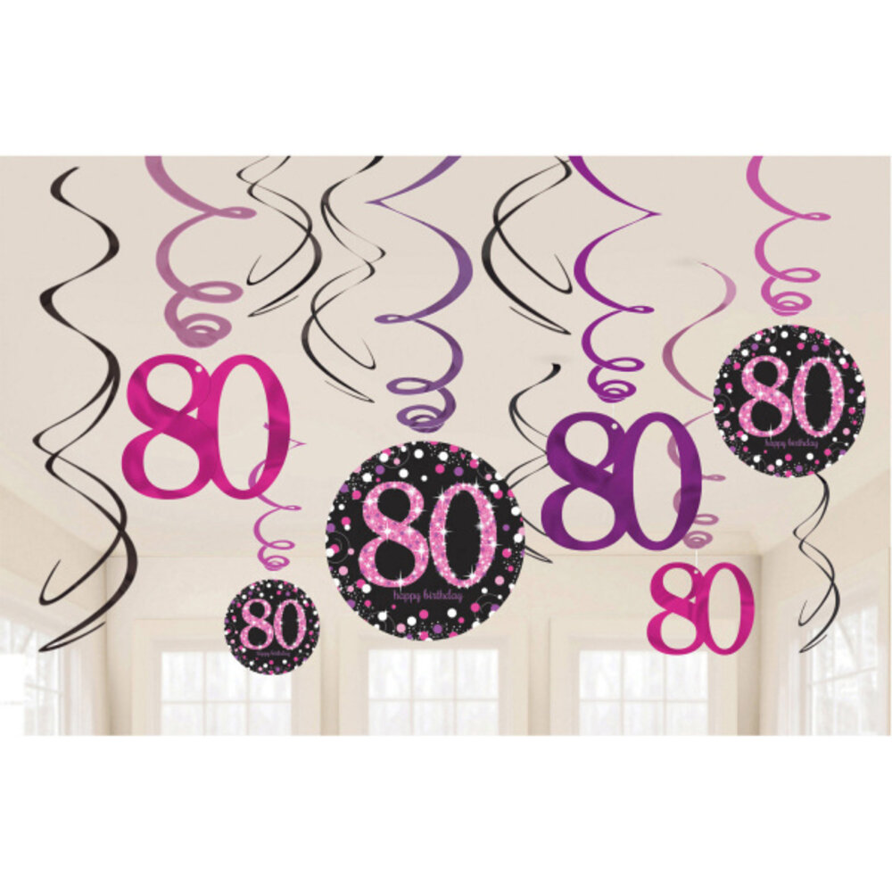 Amscan Tourbillons décoratifs 80 ans Rose scintillant | 12 pièces