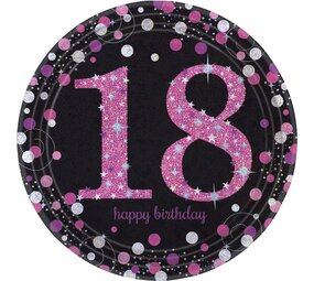 Amscan Borden 18 jaar Happy Birthday Sparkling Roze 23cm | 8 stuks