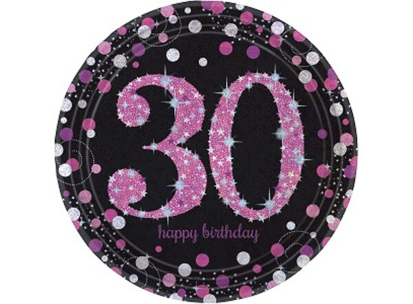 Amscan 30 Years Happy Birthday Sparkling Pink Plates 23cm | 8 pieces