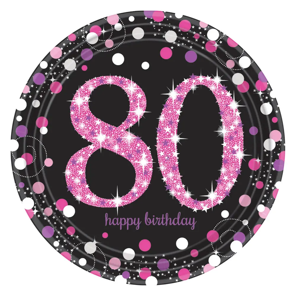 Amscan 80 Jahre Happy Birthday – Funkelnde rosa Teller, 23 cm | 8 Stück