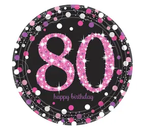 Amscan 80 Jahre Happy Birthday – Funkelnde rosa Teller, 23 cm | 8 Stück