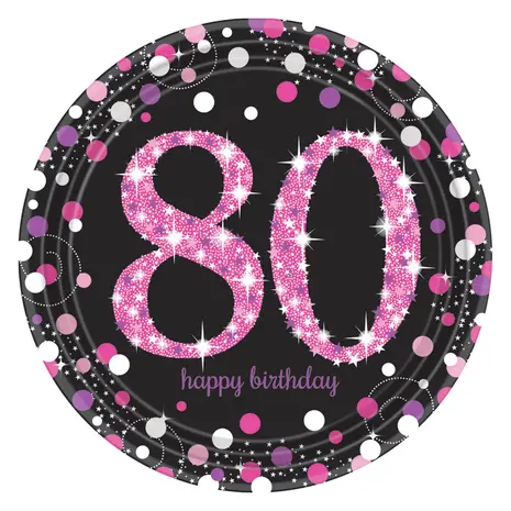 Amscan 80 Years Happy Birthday Sparkling Pink Plates 23cm | 8 pieces