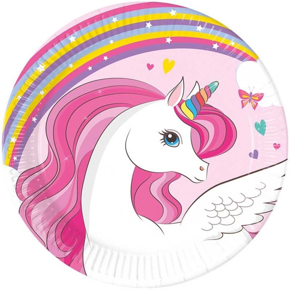 Procos Party Teller mit Einhornmotiv in Regenbogenfarben, 20 cm | 8 Stück