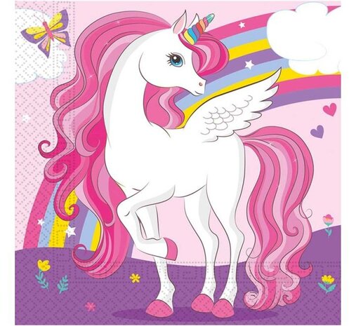 Procos Party Servietten mit Einhornmotiv in Regenbogenfarben, 33 x 33 cm | 20 Stück