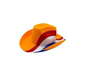 Haza - Witbaard Oranje Cowboyhoed met Rood-Wit-Blauwe band | per stuk Haza - Witbaard Oranje Cowboyhoed met Rood-Wit-Blauwe band | per stuk