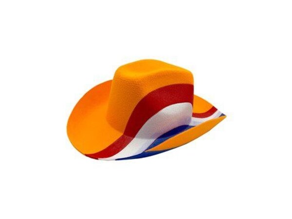 Haza - Witbaard Oranje Cowboyhoed met Rood-Wit-Blauwe band | per stuk Haza - Witbaard Oranje Cowboyhoed met Rood-Wit-Blauwe band | per stuk
