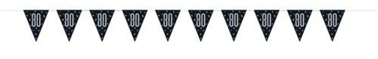 Unique Party Guirlande de fanions pour 80e anniversaire, noire et argentée à paillettes | 275 cm
