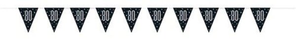 Unique Party 80th Birthday Flag Garland Black Silver Glitter | 275cm Unique Party 80th Birthday Flag Garland Black Silver Glitter | 275cm