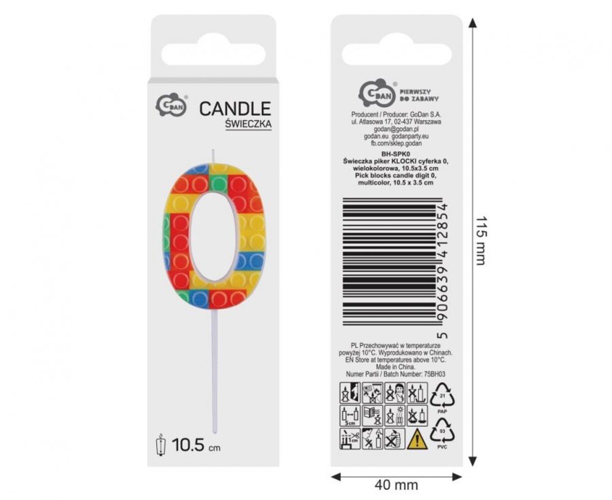 Godan Lego Cijfer 0 Kaars 3,5x10,5cm  | per stuk