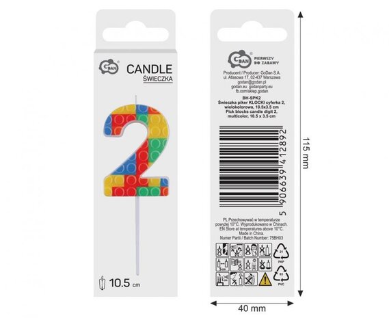 Godan Bougie Lego numéro 2 3,5 x 10,5 cm | à l'unité
