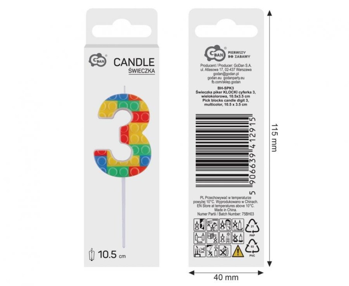 Godan Lego Cijfer 3 Kaars 3,5x10,5cm  | per stuk