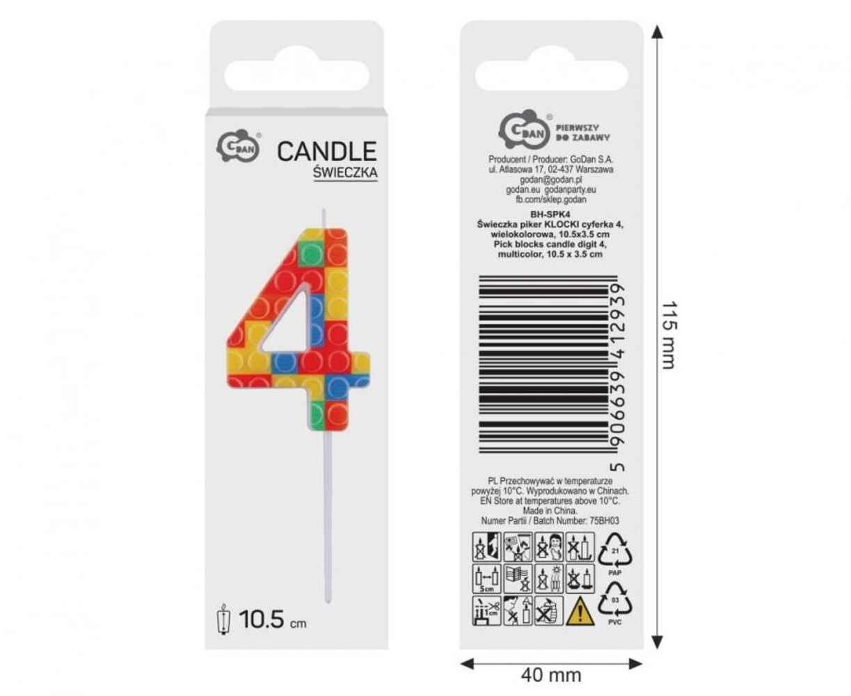 Godan Lego Cijfer 4 Kaars 3,5x10,5cm  | per stuk