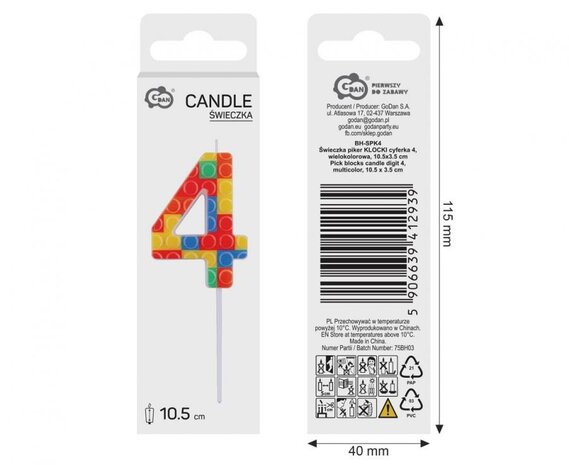 Godan Bougie Lego numéro 4 3,5 x 10,5 cm | à l'unité