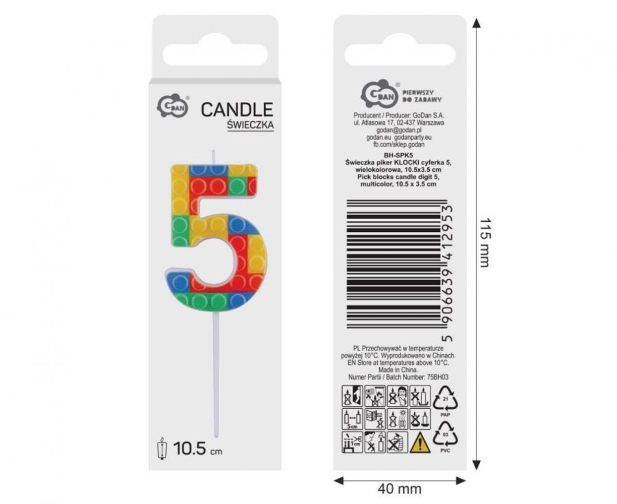 Godan Lego Number 5 Candle 3.5x10.5cm | per piece