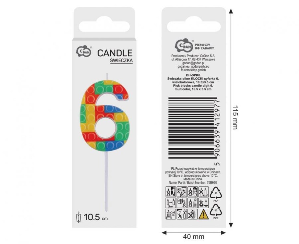 Godan Lego Number 6 Candle 3.5x10.5cm | per piece