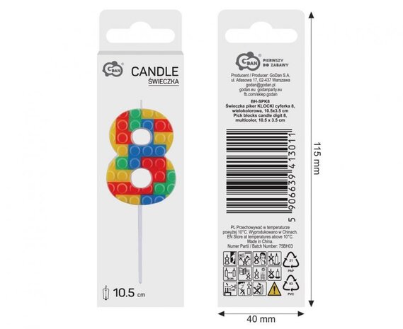 Godan Bougie Lego numéro 8 3,5 x 10,5 cm | à l'unité