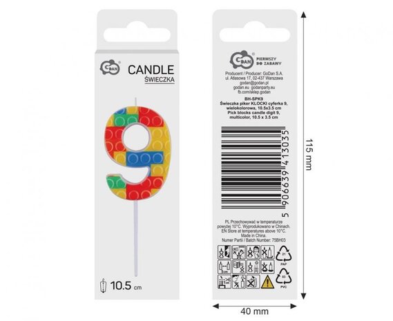 Godan Lego Cijfer 9 Kaars 3,5x10,5cm  | per stuk