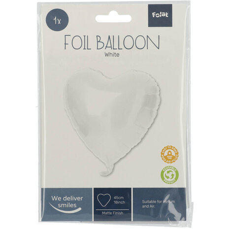 Folat Folieballon Hartvormig Wit Metallic Mat | 45cm