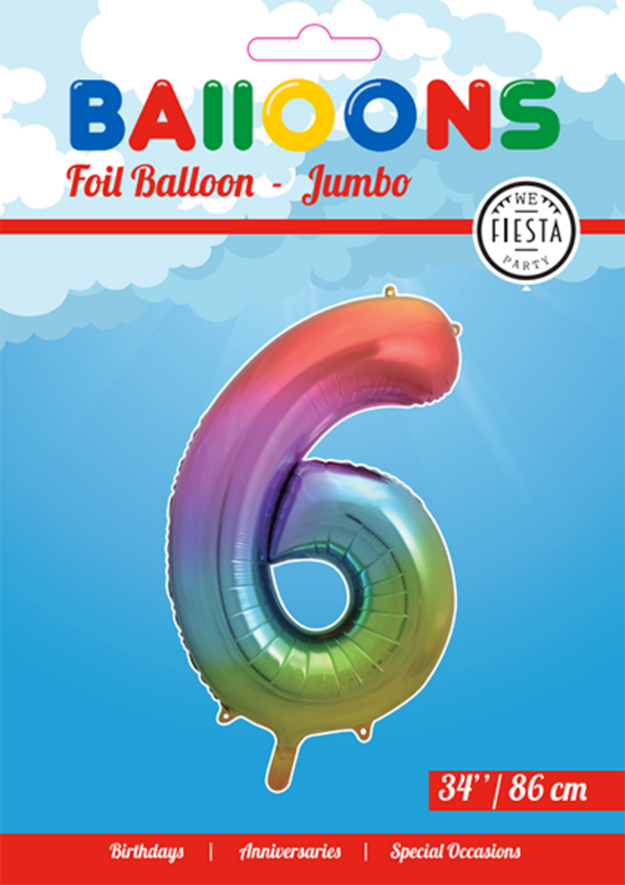 WeFiesta Ballon en aluminium chiffre 6 arc-en-ciel | 86 cm WeFiesta Ballon en aluminium chiffre 6 arc-en-ciel | 86 cm