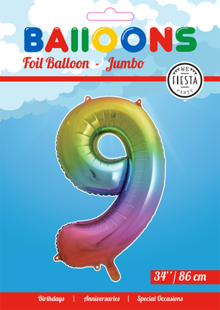 WeFiesta Folienballon Regenbogen Zahl 9 | 86 cm