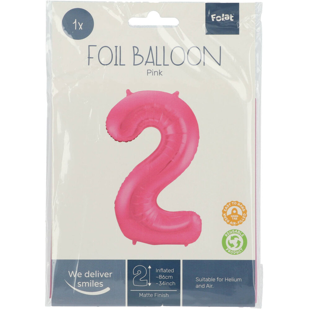 Folat Folienballon Zahl 2 Matt Rosa | 86 cm