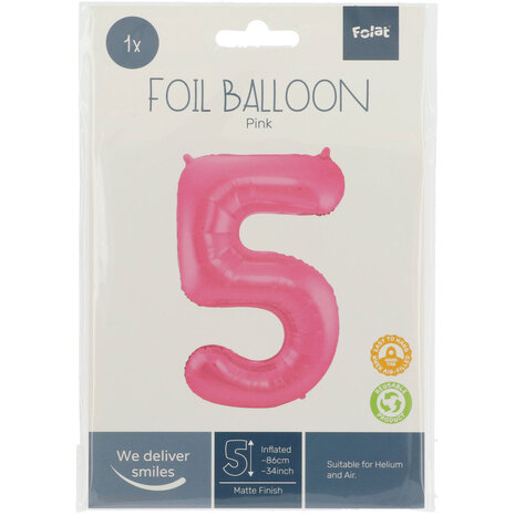 Folat Folienballon Zahl 5 Matt Rosa | 86 cm