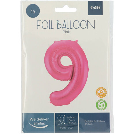 Folat Number 9 Foil Balloon Matte Pink | 86 cm Folat Number 9 Foil Balloon Matte Pink | 86 cm