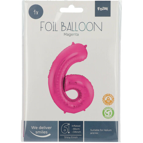 Folat Folienballon Zahl 6 Fuchsia Rosa | 86 cm Folat Folienballon Zahl 6 Fuchsia Rosa | 86 cm