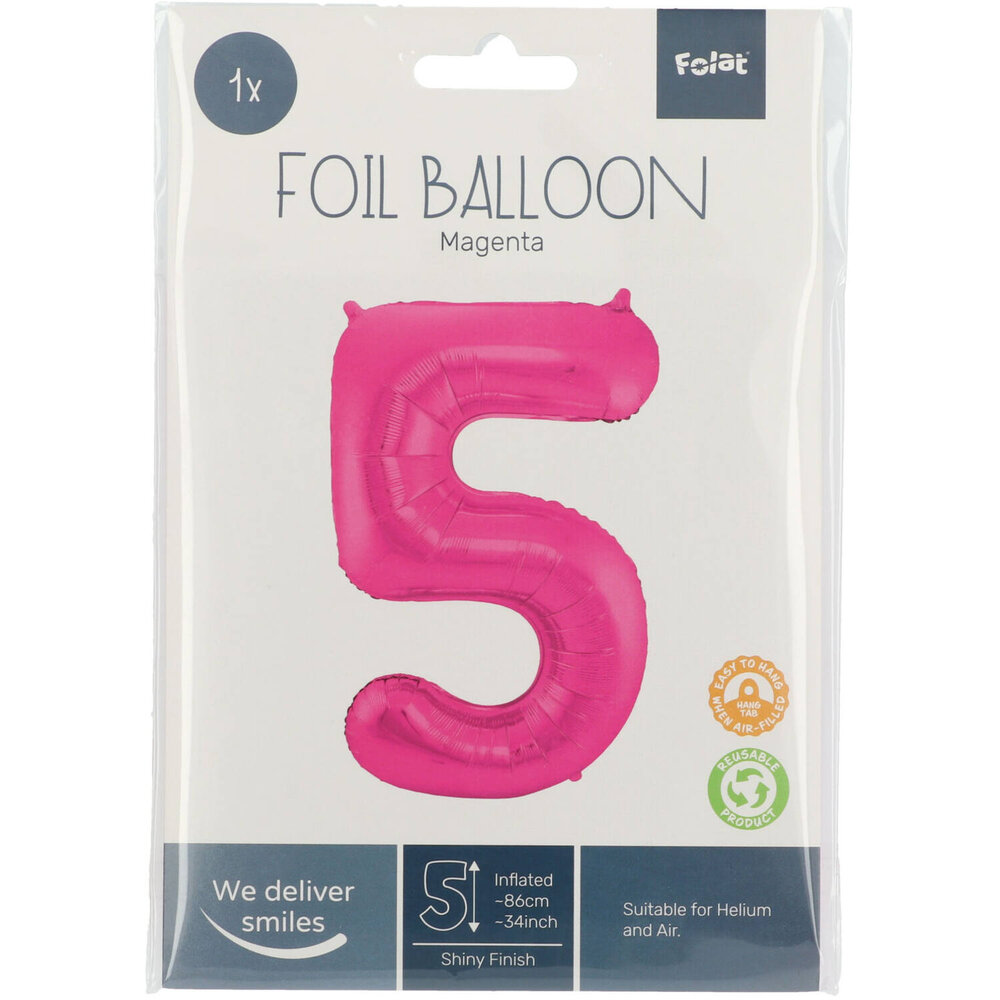 Folat Folienballon Zahl 5 Fuchsia Rosa | 86 cm Folat Folienballon Zahl 5 Fuchsia Rosa | 86 cm