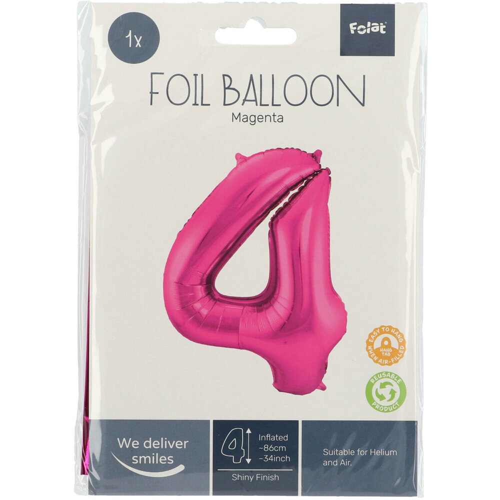Folat Folie Ballon Cijfer 4 Fuchsia Roze | 86cm Folat Folie Ballon Cijfer 4 Fuchsia Roze | 86cm