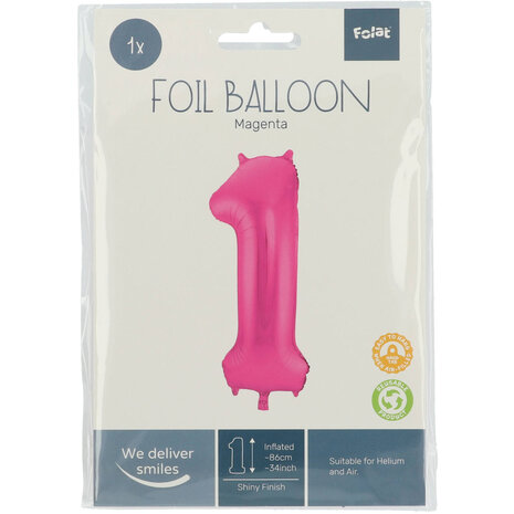 Folat Folie Ballon Cijfer 1 Fuchsia Roze | 86cm