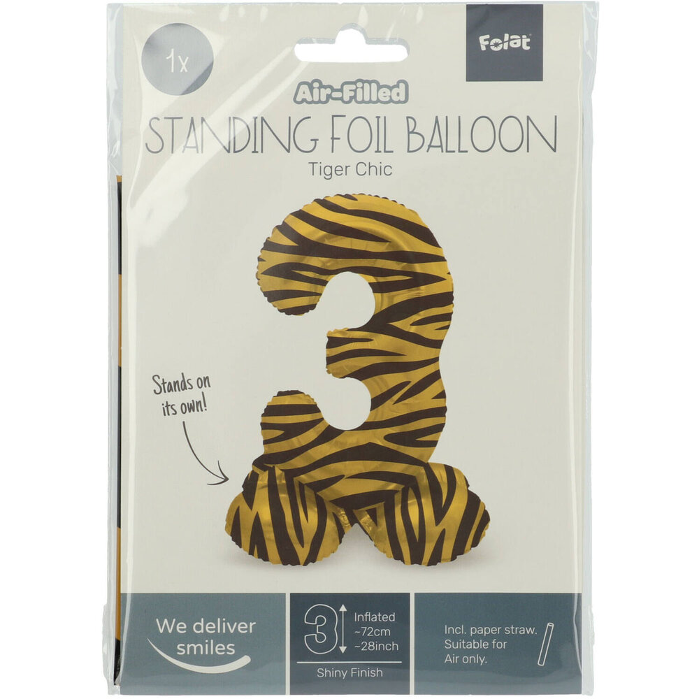 Folat Zahlenballon 3, stehend, Tigerprint | 72 cm