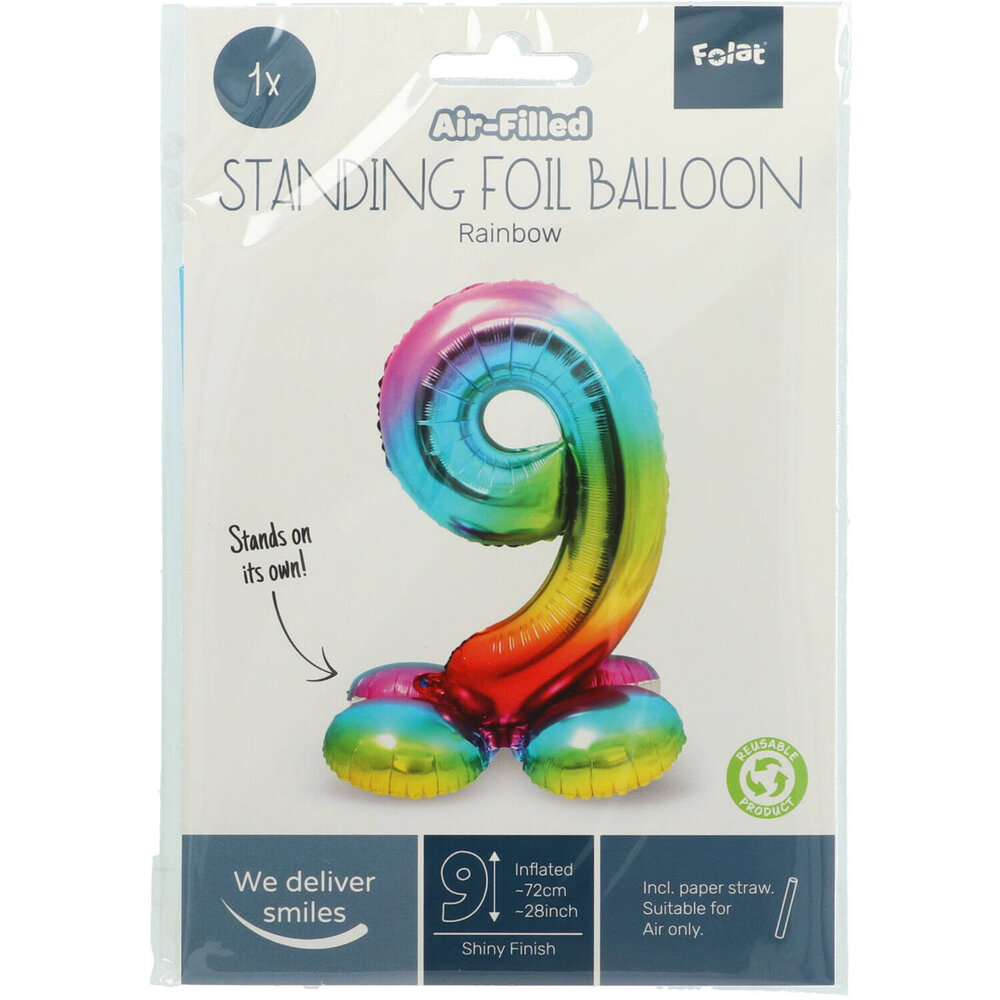 Folat Zahlenballon 9, stehend, Regenbogen | 72 cm