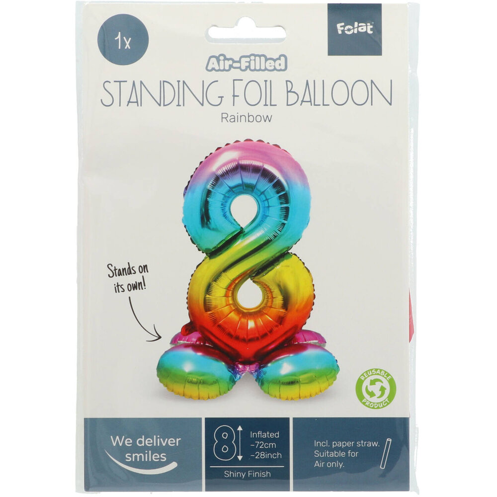 Folat Zahlenballon 8, stehend, Regenbogen | 72 cm