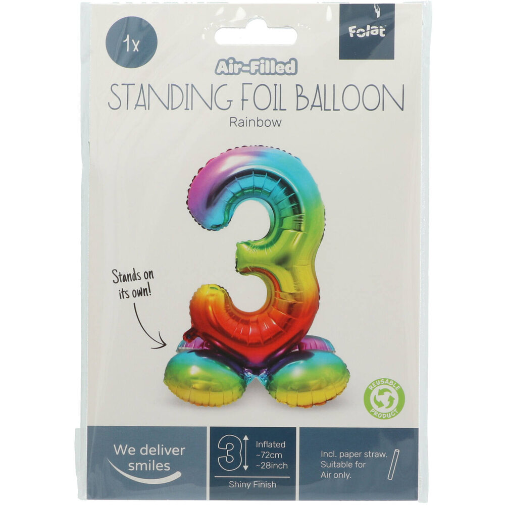 Folat Zahlenballon 3, stehender Regenbogen | 72 cm Folat Zahlenballon 3, stehender Regenbogen | 72 cm