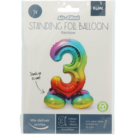 Folat Zahlenballon 3, stehender Regenbogen | 72 cm Folat Zahlenballon 3, stehender Regenbogen | 72 cm